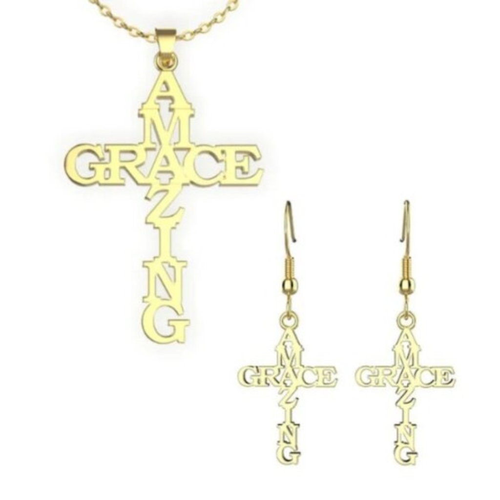 Stainless Steel Amazing Grace Cross Necklace & Earring Set - Gold, Christian